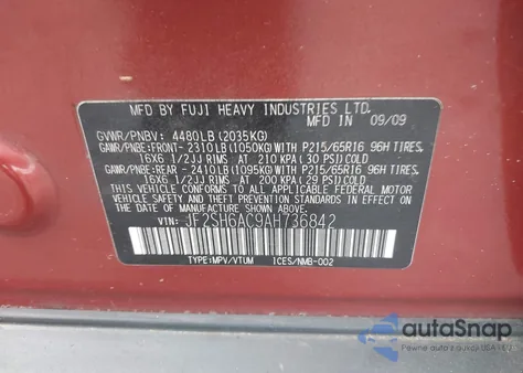 2010 Subaru Forester 2.5X z USA, uszkodzony, nr VIN JF2SH6AC9AH736842